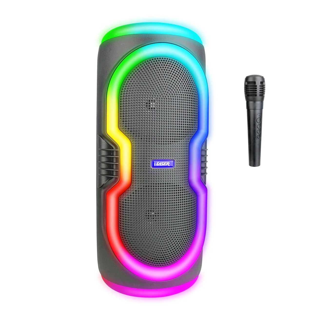 1292-laser-bluetooth-party-speaker-with-rgb-lights-and-wireless-mic-black--1.webp Laser Bluetooth Party Speaker with RGB Lights and Wireless Mic (Black)