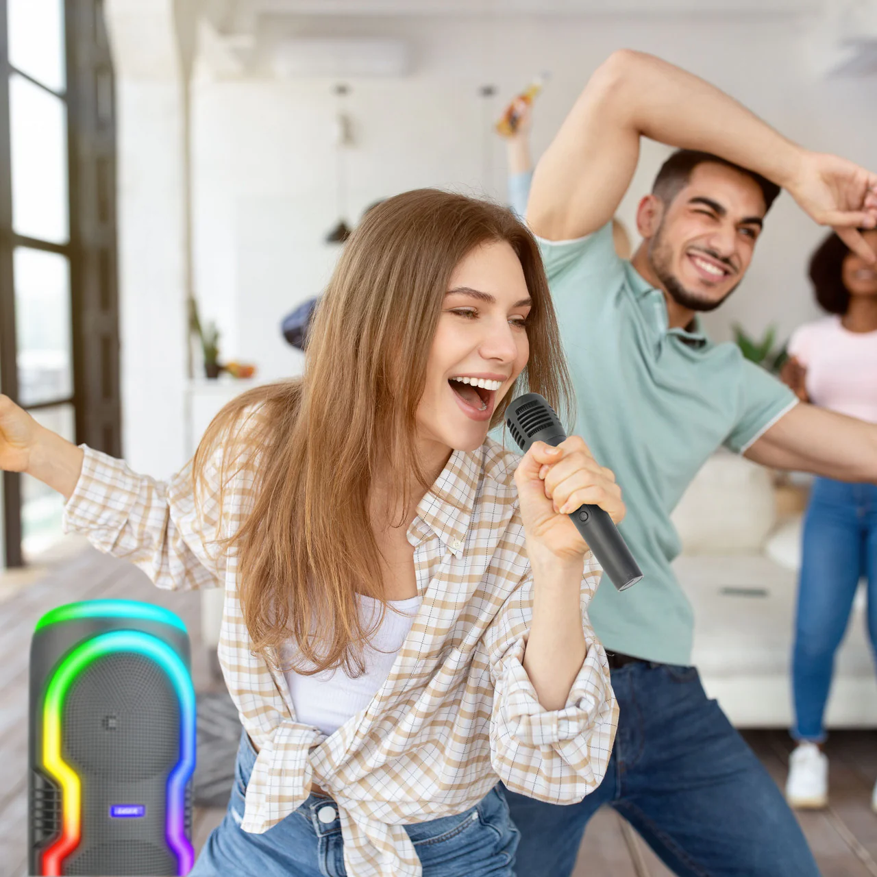 1292-laser-bluetooth-party-speaker-with-rgb-lights-and-wireless-mic-black--10.webp Laser Bluetooth Party Speaker with RGB Lights and Wireless Mic (Black)
