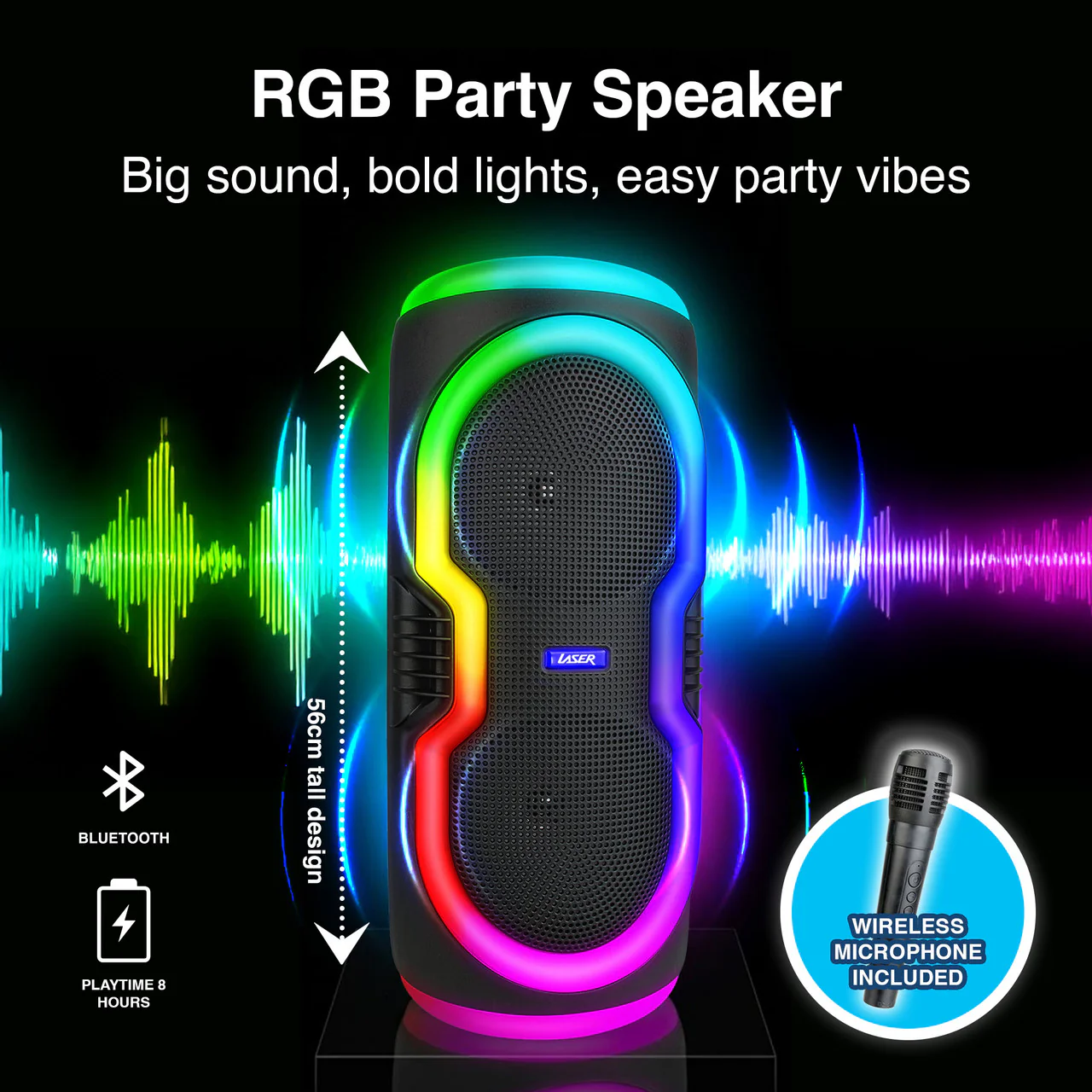 1292-laser-bluetooth-party-speaker-with-rgb-lights-and-wireless-mic-black--2.webp Laser Bluetooth Party Speaker with RGB Lights and Wireless Mic (Black)