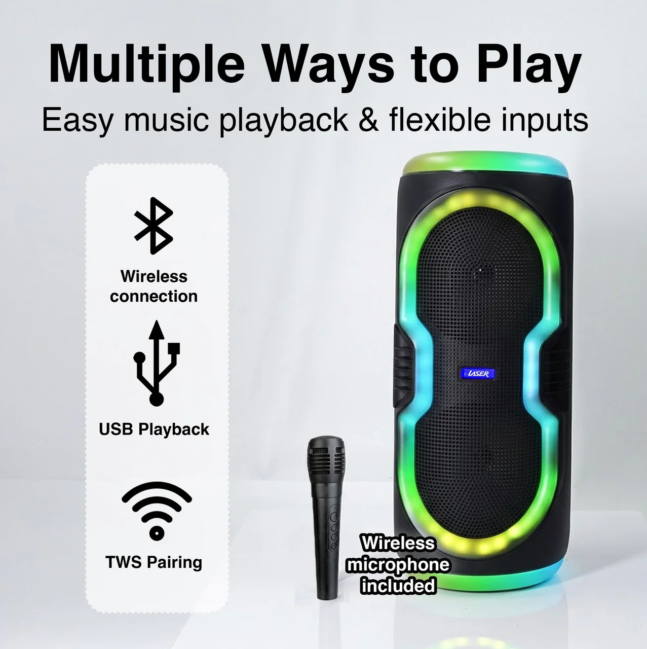 1292-laser-bluetooth-party-speaker-with-rgb-lights-and-wireless-mic-black--6.webp Laser Bluetooth Party Speaker with RGB Lights and Wireless Mic (Black)