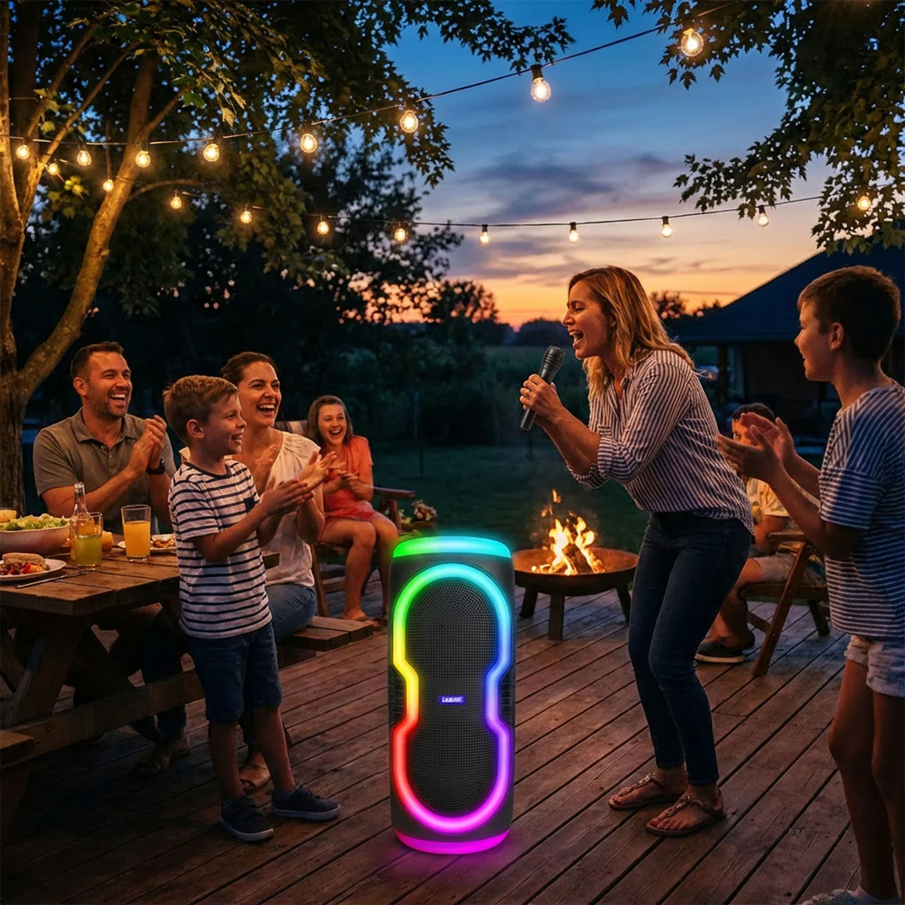1292-laser-bluetooth-party-speaker-with-rgb-lights-and-wireless-mic-black--7.webp Laser Bluetooth Party Speaker with RGB Lights and Wireless Mic (Black)