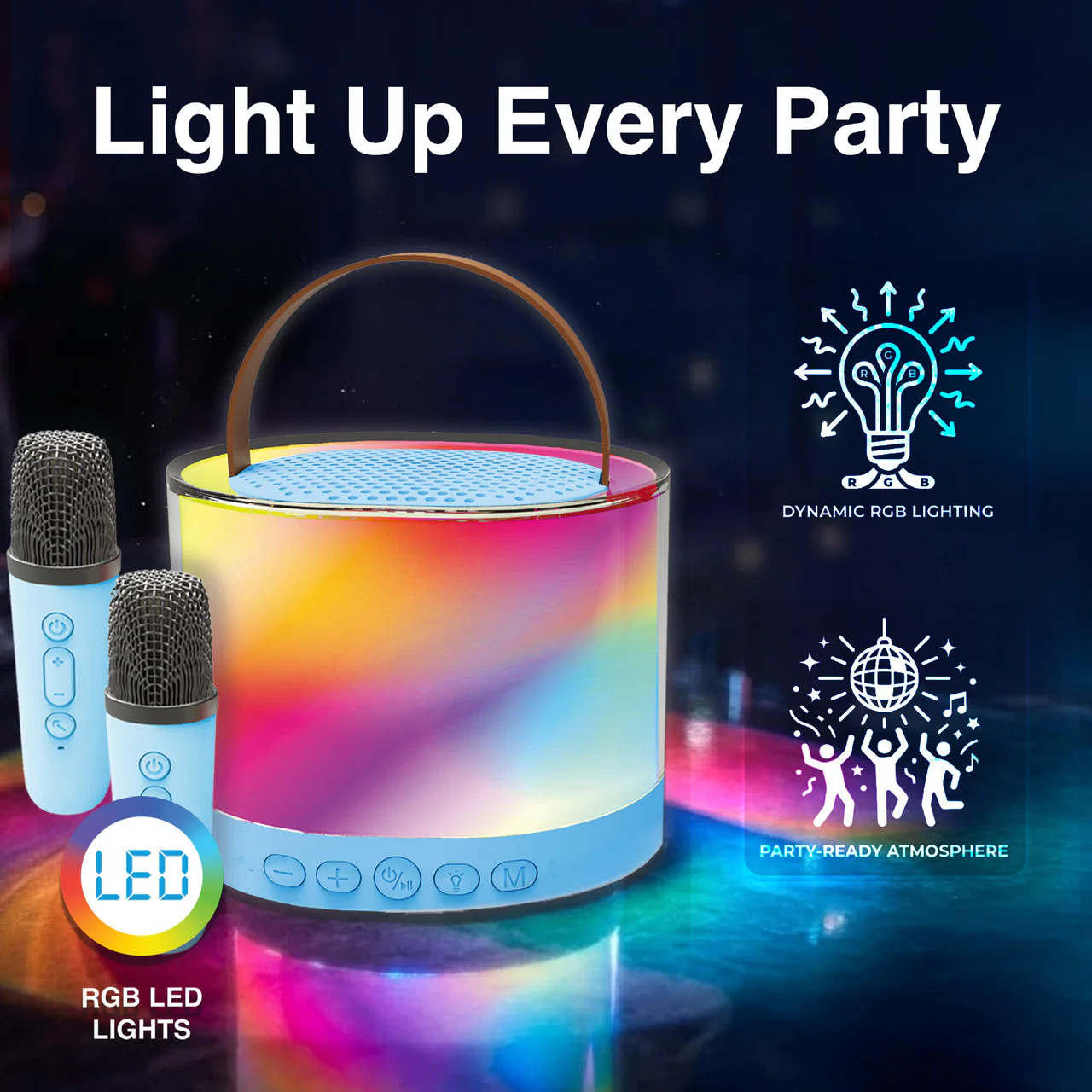 Laser Mini RGB Karaoke Speaker with 2 Wireless Mics (Blue)