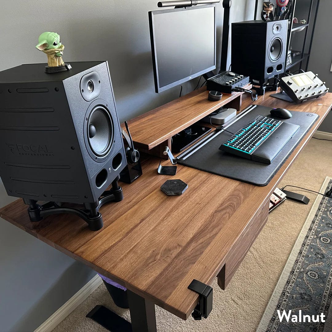 Desky Dual Hardwood Standing Desk With Drawer 200cm Walnut Desktop and Space Grey Frame