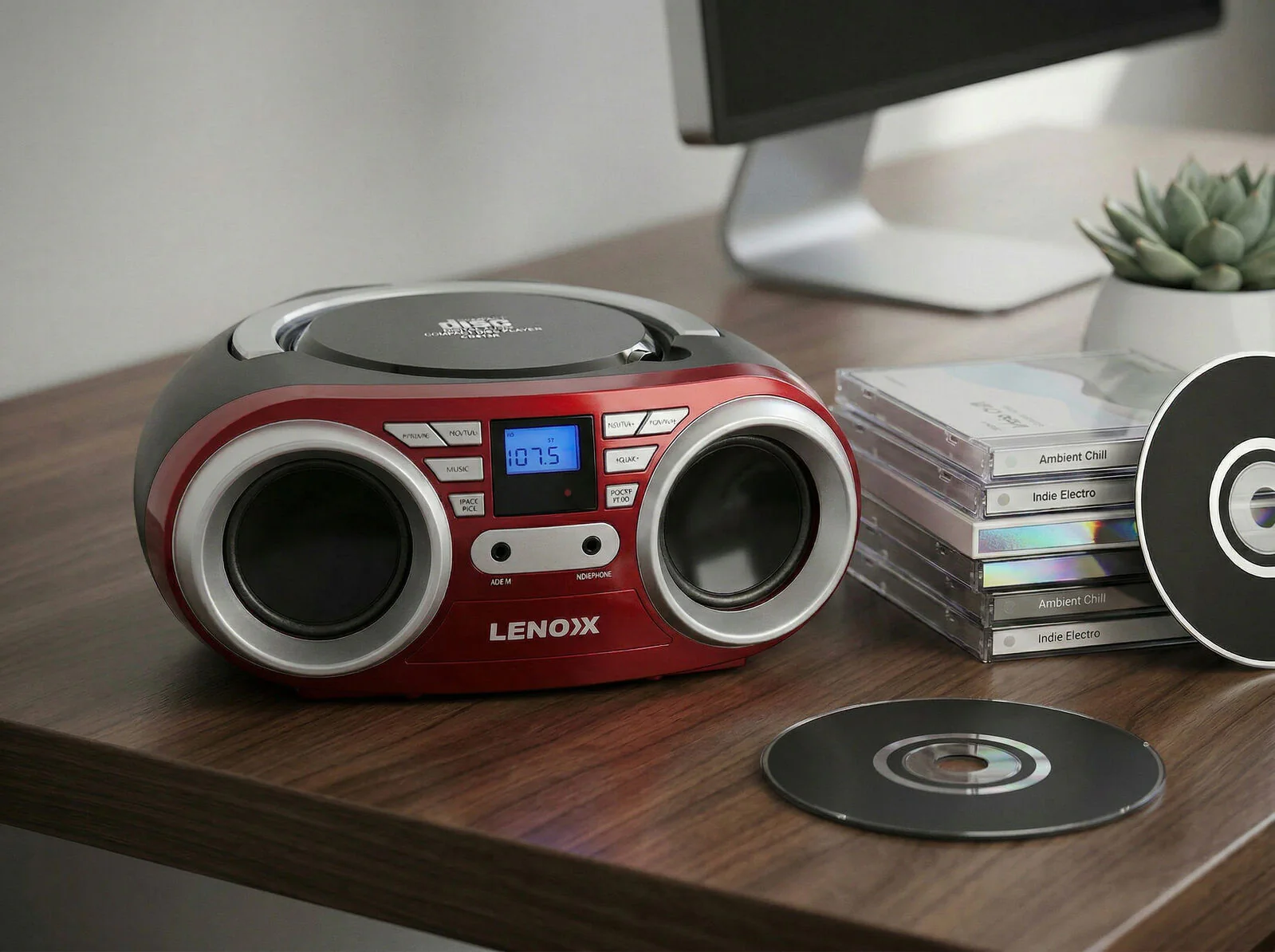 Lenoxx Portable CD Player 4W Speaker with FM Radio & AUX In (Red)