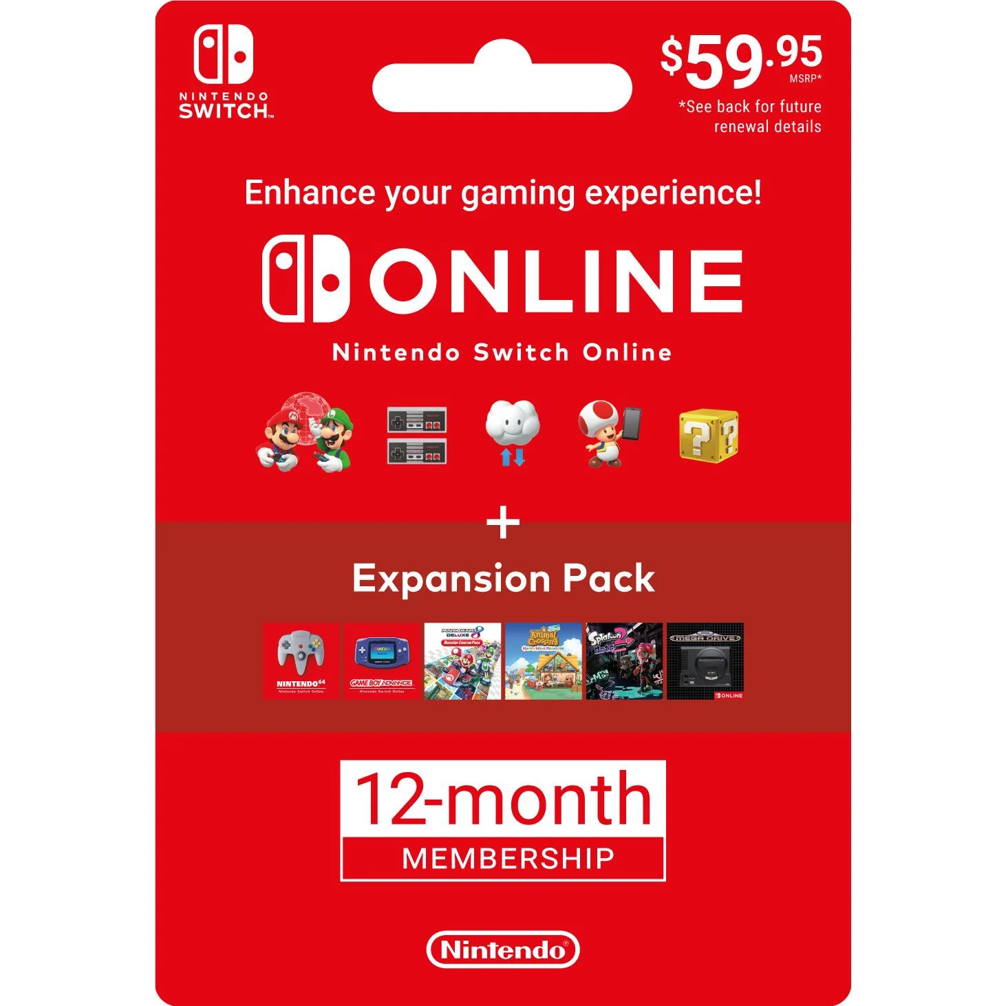 Nintendo Switch Online + Expansion Pack (Single User/12 Months) [Gift Card]