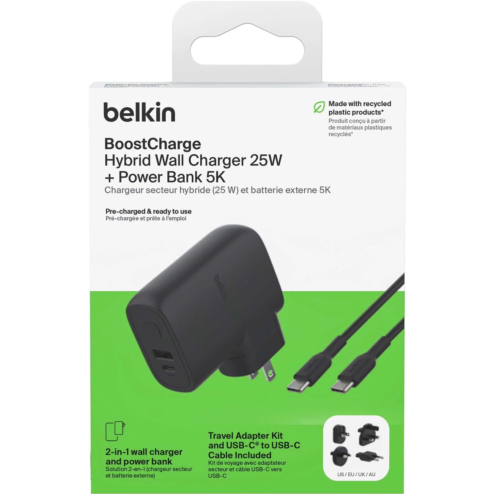Belkin BoostCharge Hybrid Wall Charger 25W + Power Bank 5K with Travel Adapter Kit